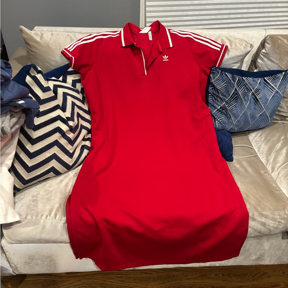 Adidas Red Polo Dress with White Stripes